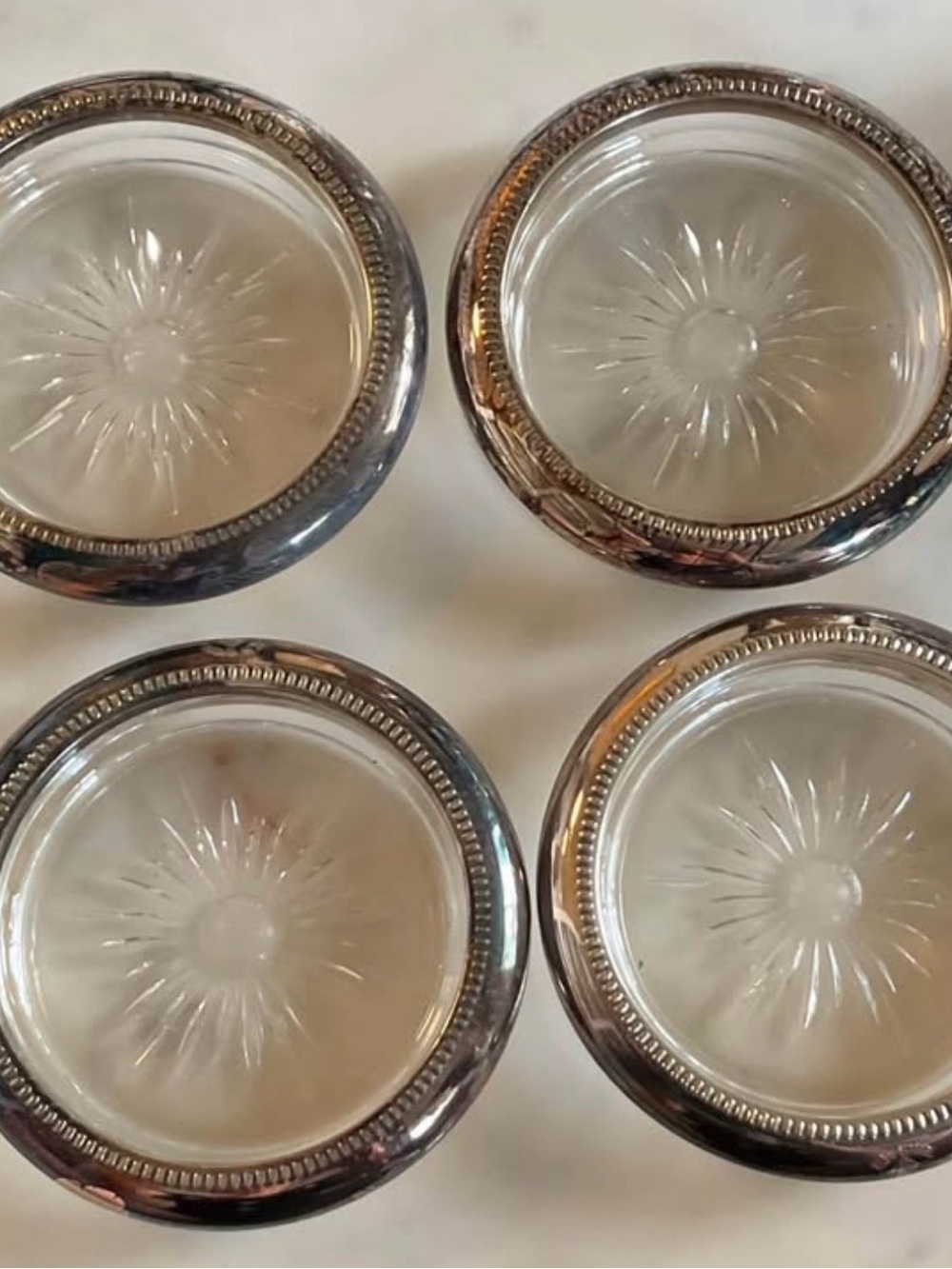 Set of 4 Vintage Italian Silver-Plated Steel and Glass Coasters